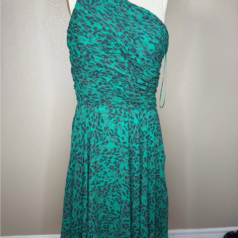 Halston Heritage Teal Leopard One-Shoulder Dress